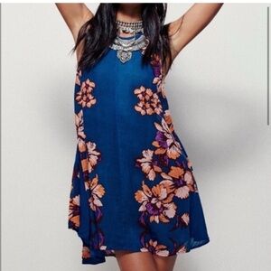 Free People Halter Floral Blue Tropical Sleeveless Mini Dress